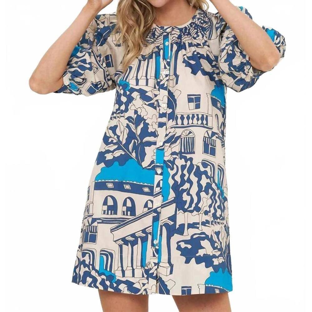 Oliphant Dress Women Large Blue Roma Embroidered Button Mini‎ Puff Sleeve